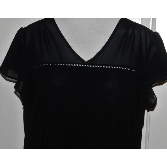 Ladies Sheer neckline slinky stretch black blouse - Picture 4 of 5